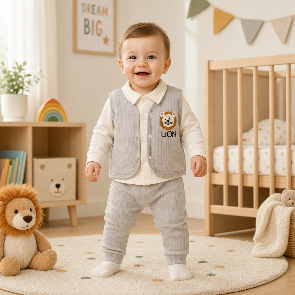 Бебешки комплект от 3 части „Little Lion“ – бежово и светлосиво
