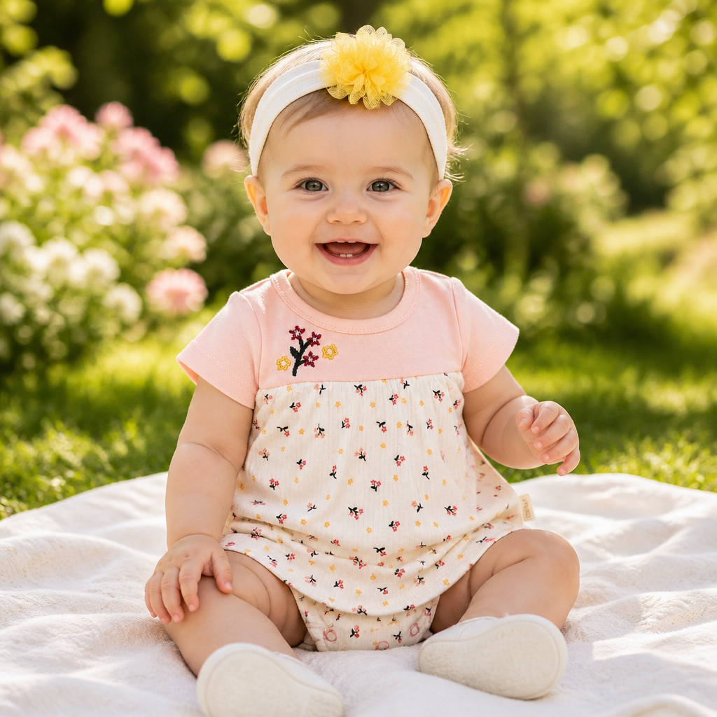 Бебешка рокля-боди с лента „Sunny Blossom“ – розова