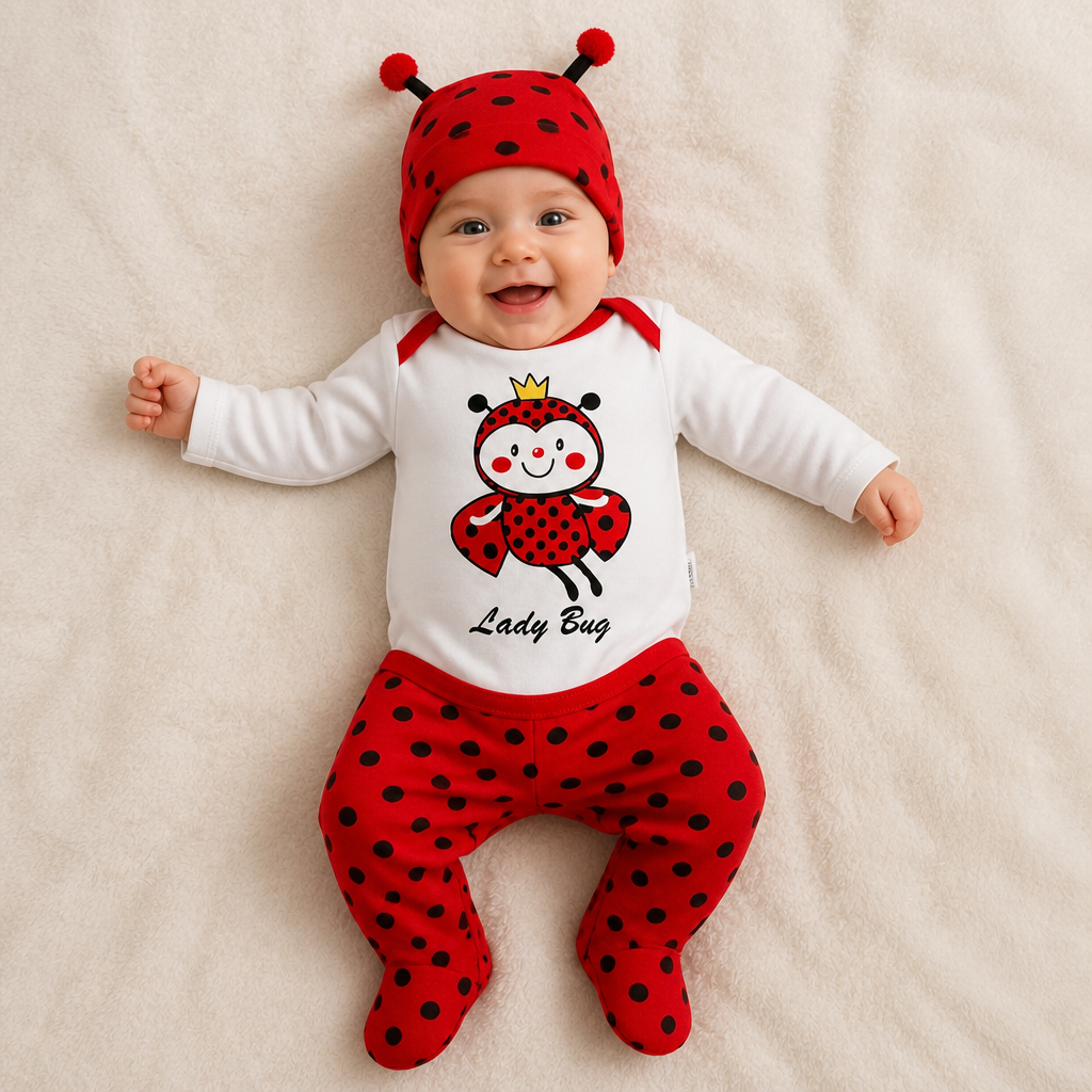Бебешки комплект от 3 части „Lady Bug“ – червено с точки