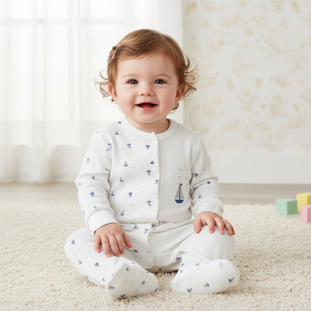 Бебешки гащеризон “Little Sailor” – бял с морски мотиви