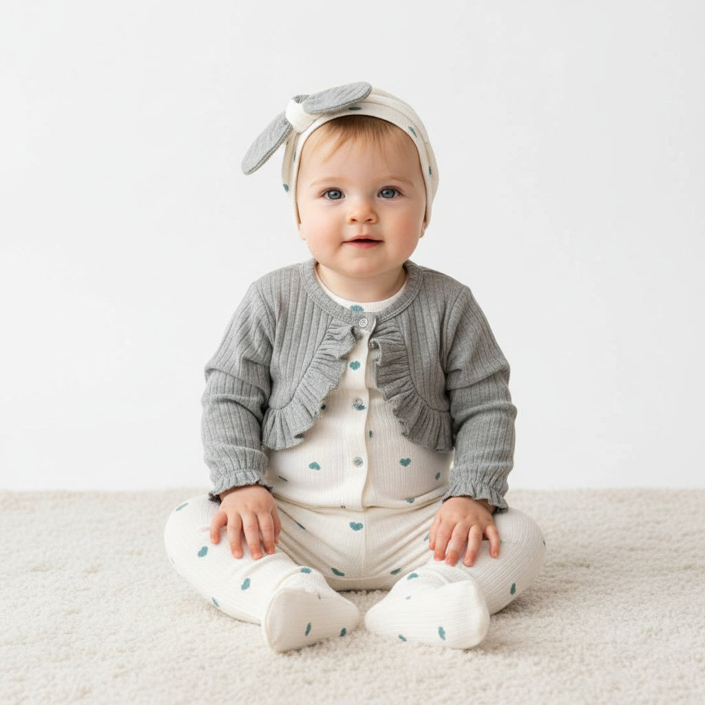 Бебешки комплект “Sweet Hearts” – 3 части, екрю и сиво