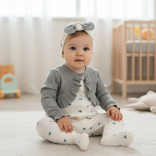 Бебешки комплект “Sweet Hearts” – 3 части, екрю и сиво