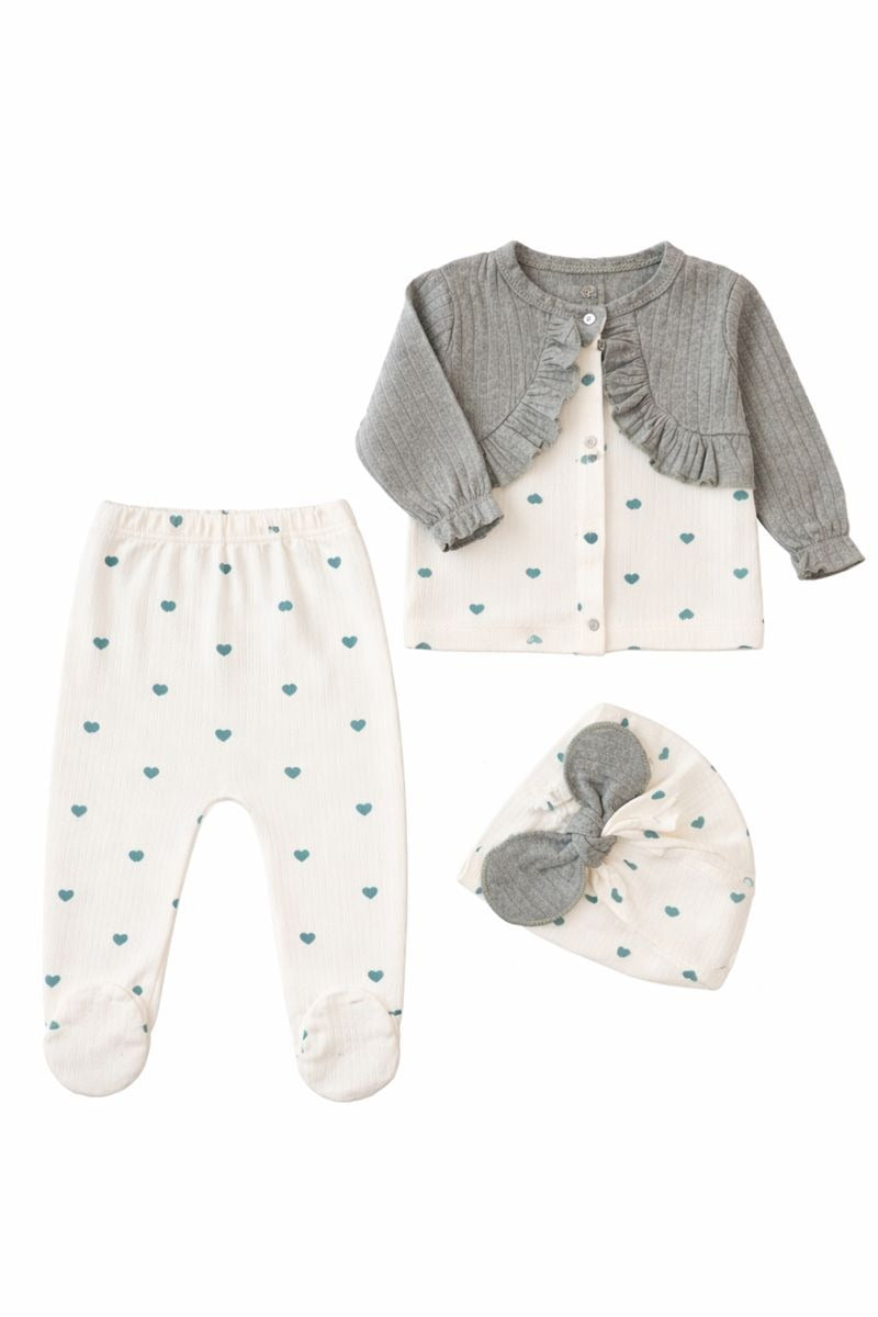 Бебешки комплект “Sweet Hearts” – 3 части, екрю и сиво