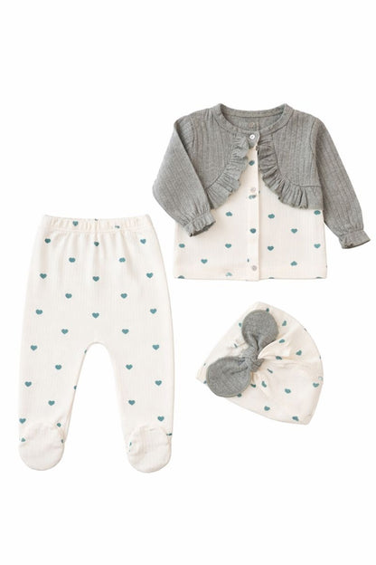 Бебешки комплект “Sweet Hearts” – 3 части, екрю и сиво