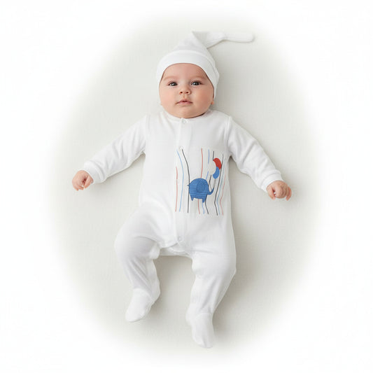 Бебешки гащеризон с шапка “Playful Elephant” – бяло