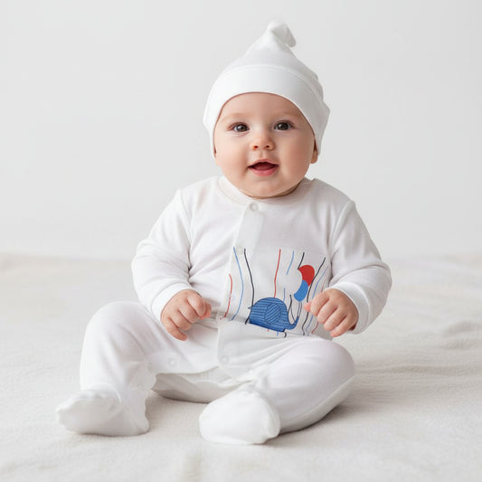 Бебешки гащеризон с шапка “Playful Elephant” – бяло