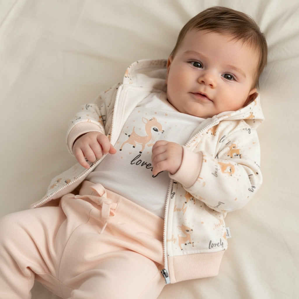 Бебешки комплект “Lovely Deer” – 3 части, екрю и пудра