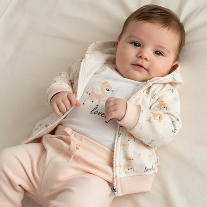 Бебешки комплект “Lovely Deer” – 3 части, екрю и пудра