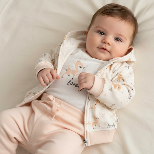 Бебешки комплект “Lovely Deer” – 3 части, екрю и пудра