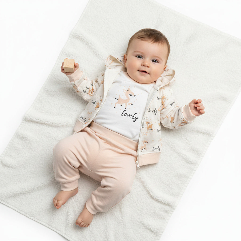 Бебешки комплект “Lovely Deer” – 3 части, екрю и пудра