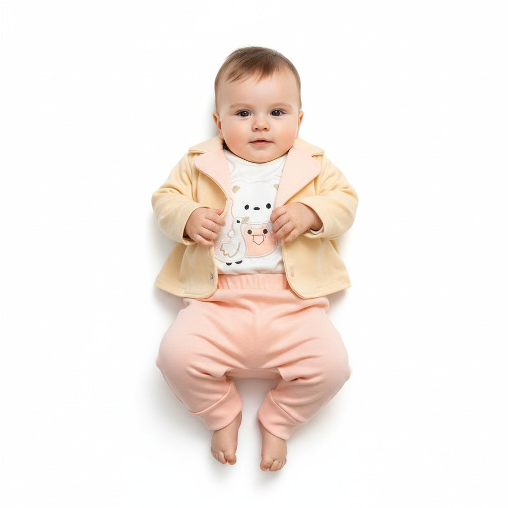 Бебешки комплект “Sweet Bear Chic” – 3 части, екрю, праскова и пудра
