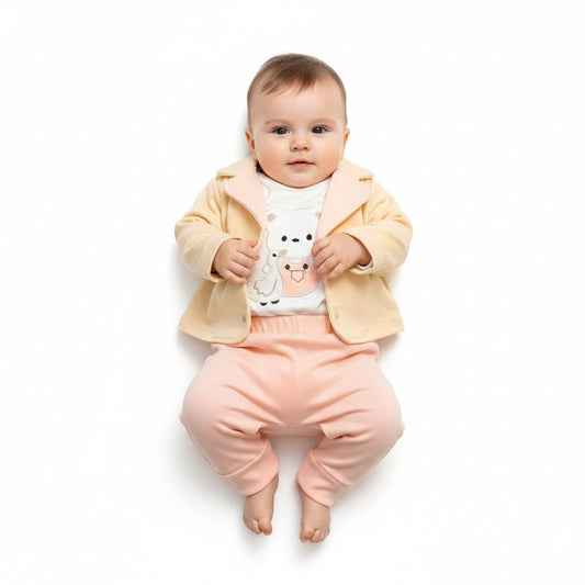 Бебешки комплект “Sweet Bear Chic” – 3 части, екрю, праскова и пудра