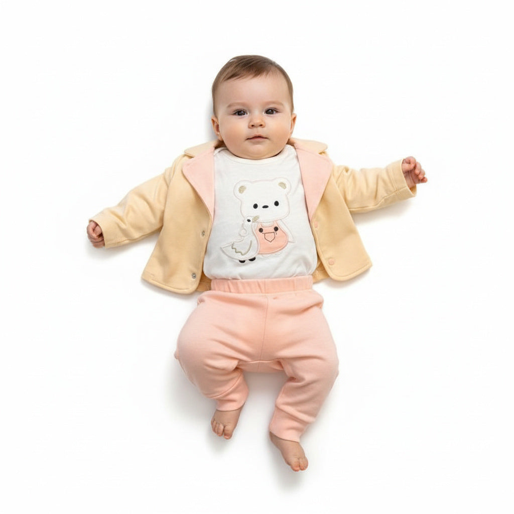 Бебешки комплект “Sweet Bear Chic” – 3 части, екрю, праскова и пудра