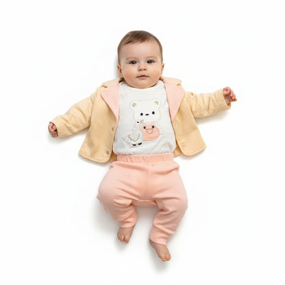 Бебешки комплект “Sweet Bear Chic” – 3 части, екрю, праскова и пудра