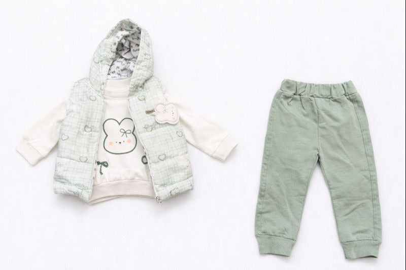 Бебешки комплект „Soft Bunny“ – 3 части, екрю и пастелно зелено