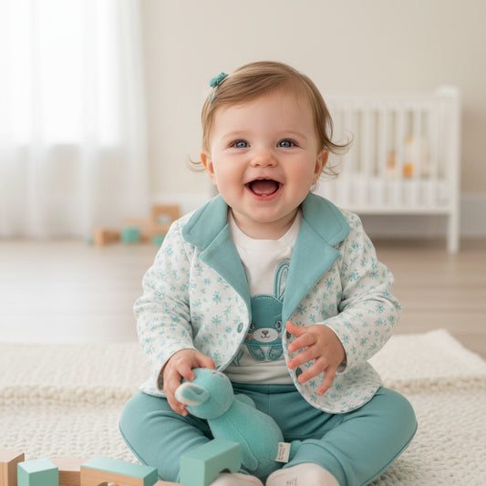 Бебешки комплект “Sweet Bunny Blue” – 3 части, мента и екрю