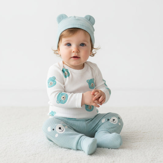 Бебешки комплект “Happy Bear” – 3 части, екрю и ментово зелено