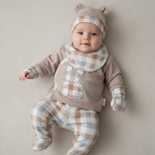 Бебешки комплект “Cozy Bear” – 5 части, бежово каре