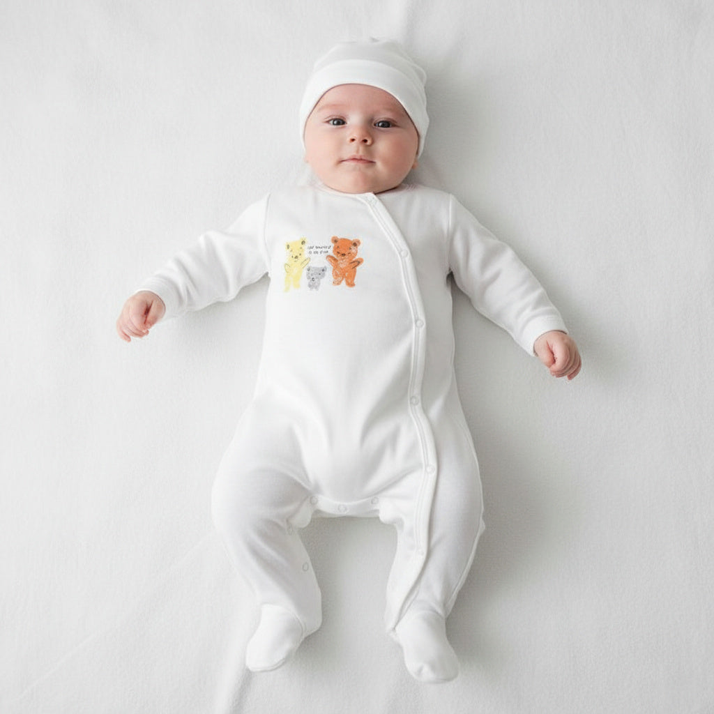 Бебешки гащеризон с шапка “Tiny Friends” – бяло