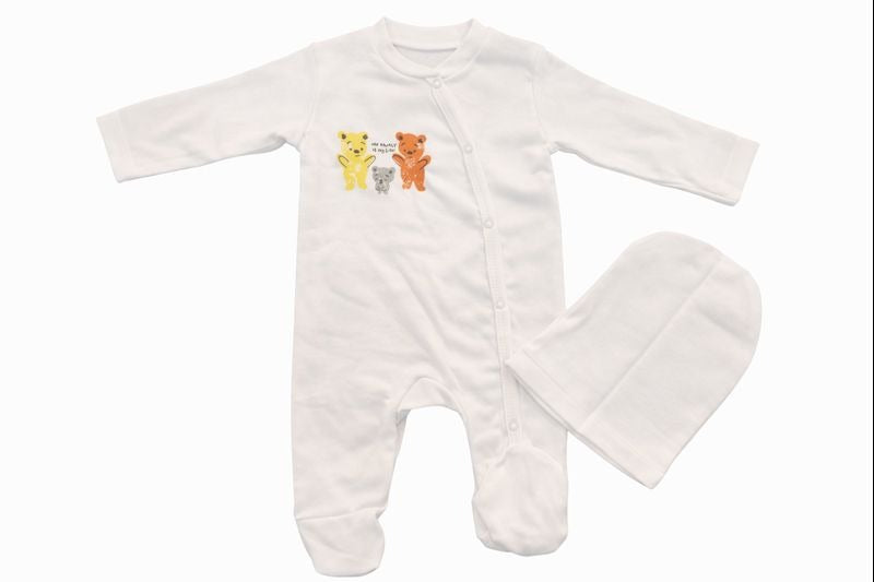 Бебешки гащеризон с шапка “Tiny Friends” – бяло