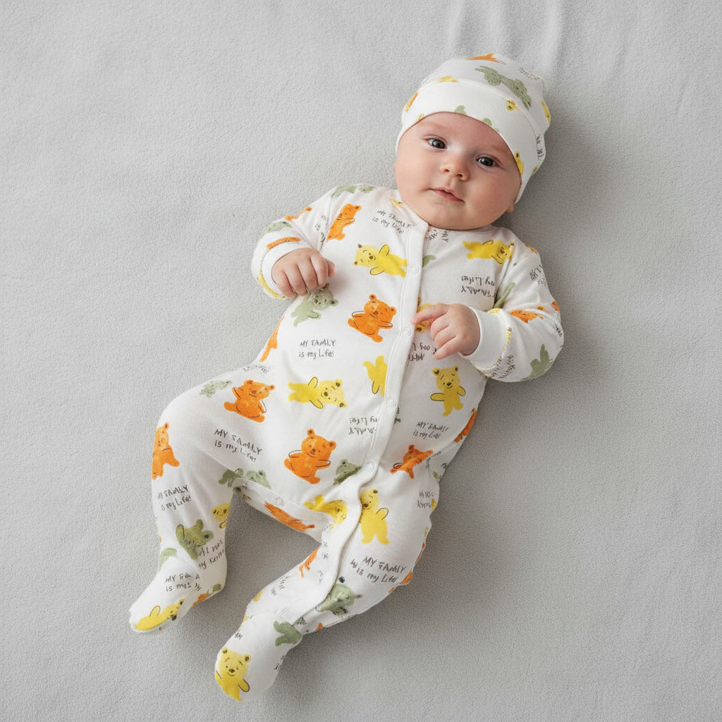 Бебешки гащеризон с шапка “My Family” – бяло с цветен принт