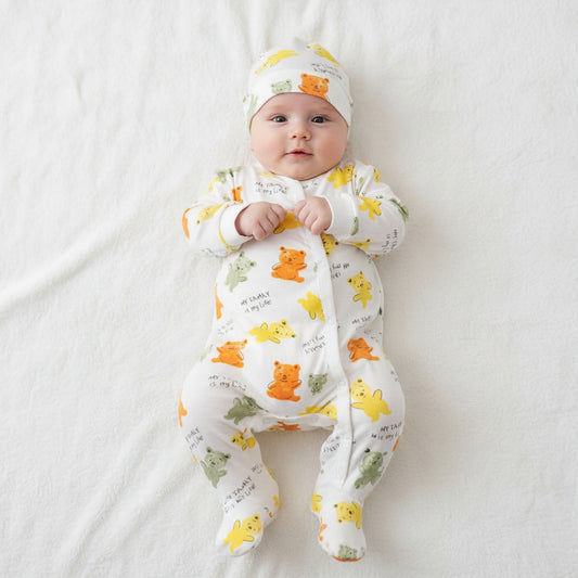 Бебешки гащеризон с шапка “My Family” – бяло с цветен принт