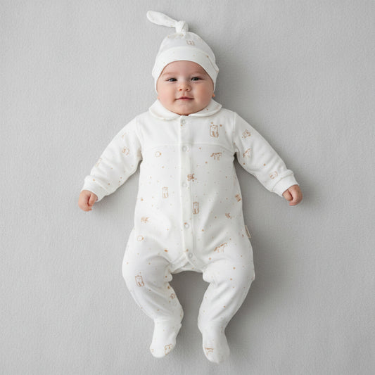 Бебешки гащеризон с шапка “Gentle Bear” – екрю с нежен принт