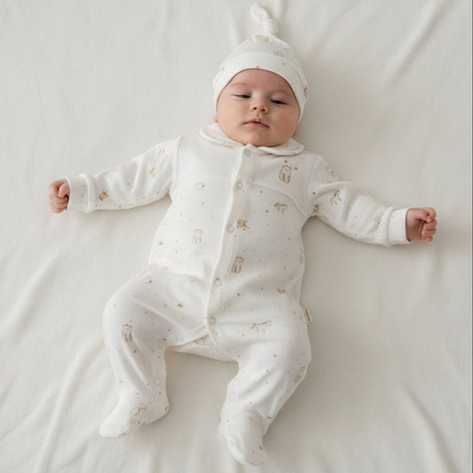 Бебешки гащеризон с шапка “Gentle Bear” – екрю с нежен принт