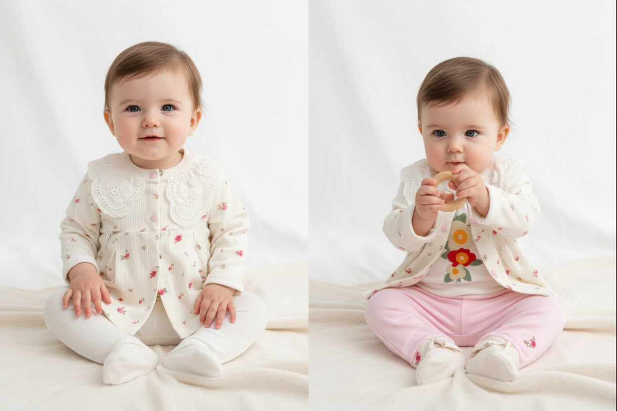 Бебешки комплект “Little Blossom” – 3 части, екрю и нежно розово