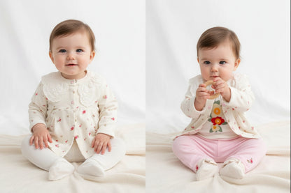 Бебешки комплект “Little Blossom” – 3 части, екрю и нежно розово