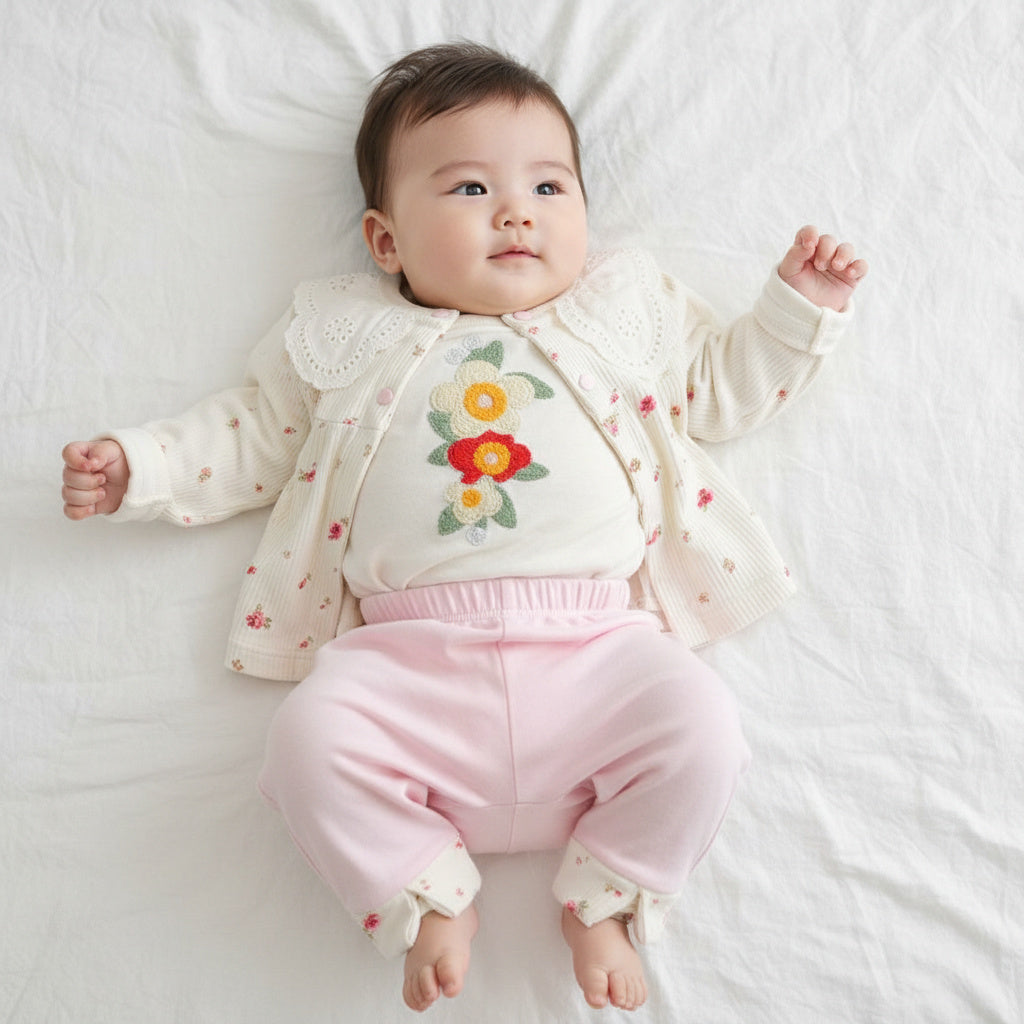 Бебешки комплект “Little Blossom” – 3 части, екрю и нежно розово