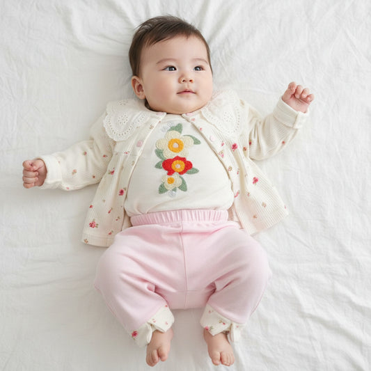 Бебешки комплект “Little Blossom” – 3 части, екрю и нежно розово