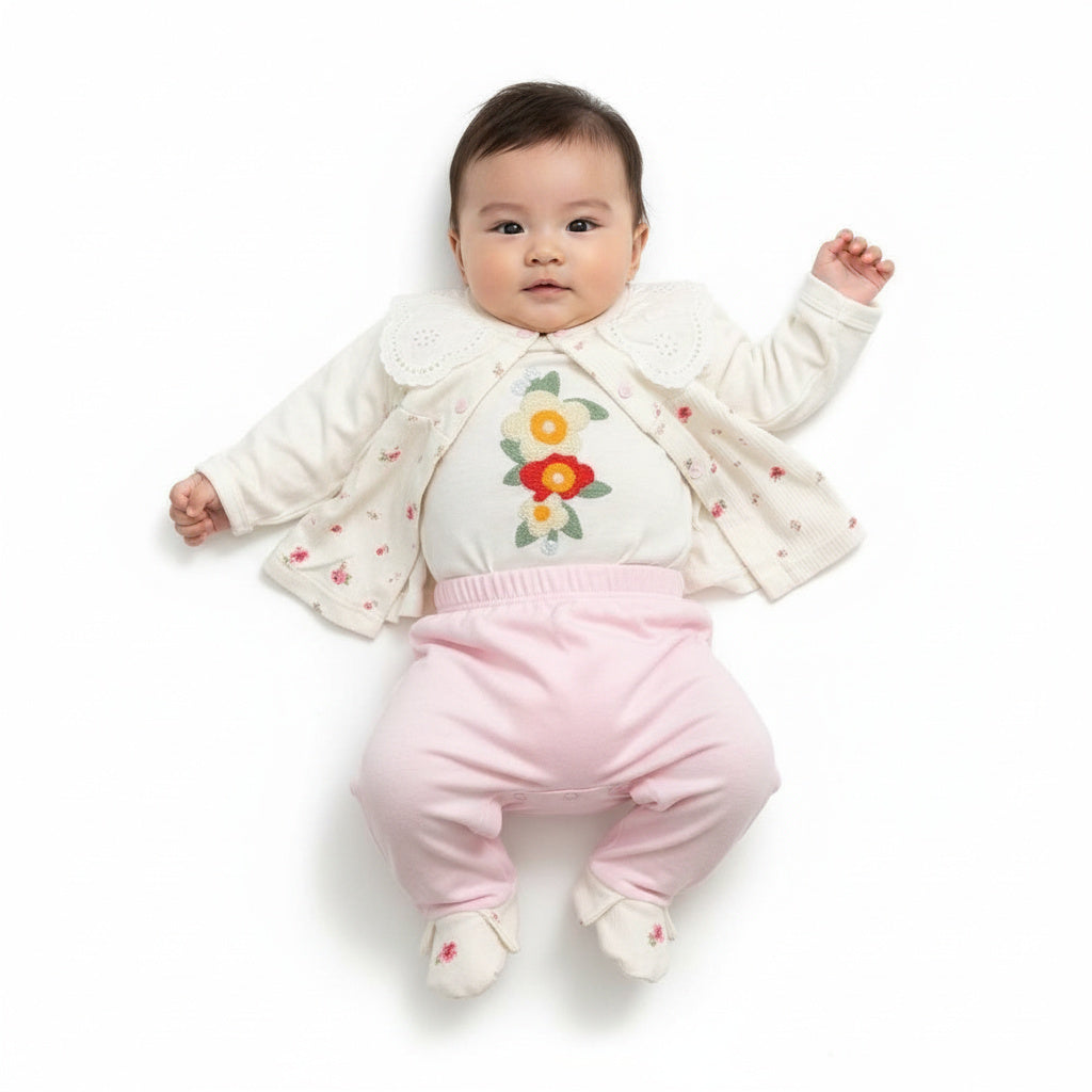 Бебешки комплект “Little Blossom” – 3 части, екрю и нежно розово