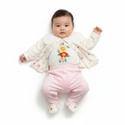 Бебешки комплект “Little Blossom” – 3 части, екрю и нежно розово