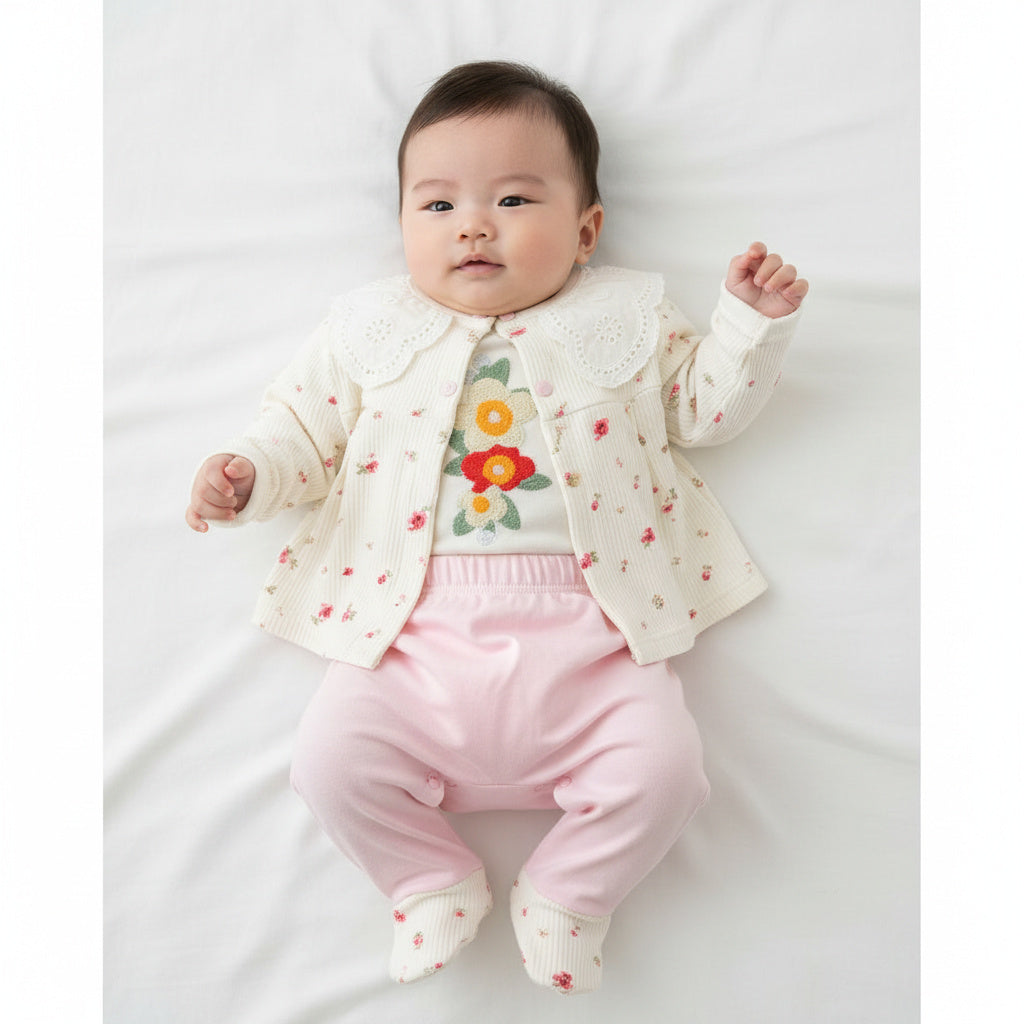 Бебешки комплект “Little Blossom” – 3 части, екрю и нежно розово