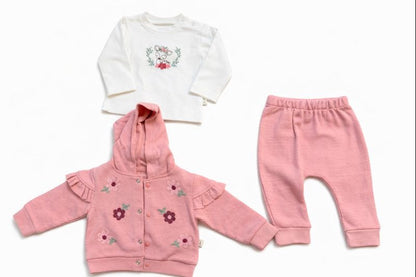 Бебешки комплект “Pink Garden” – 3 части, екрю и пудра розово