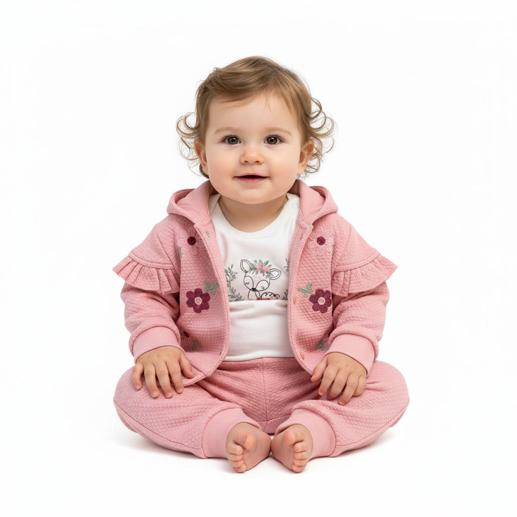 Бебешки комплект “Pink Garden” – 3 части, екрю и пудра розово