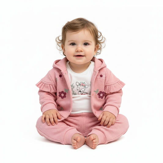 Бебешки комплект “Pink Garden” – 3 части, екрю и пудра розово