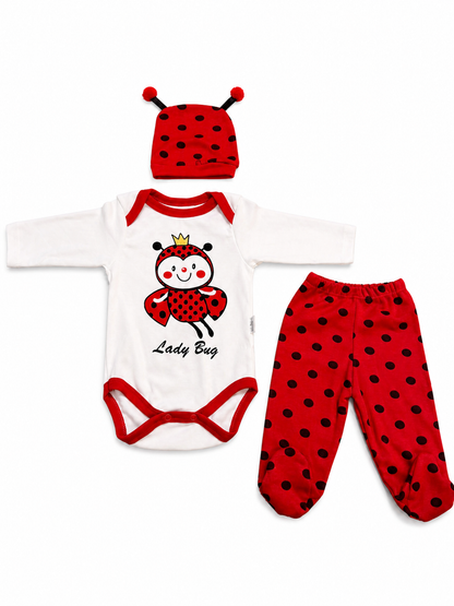 Бебешки комплект от 3 части „Lady Bug“ – червено с точки